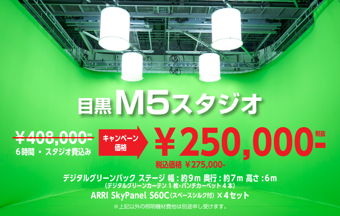 目黒M5スタジオ キャンペーン価格 250,000円 6時間・スタジオ費込み デジタルグリーンバック（24m×6.1m、グリーンパンチカーペット40m）ベースライト：ARRI SkyPanel S60C(スペースシルク付)×４セット ※上記以外の照明機材費他は別途申し受けます。